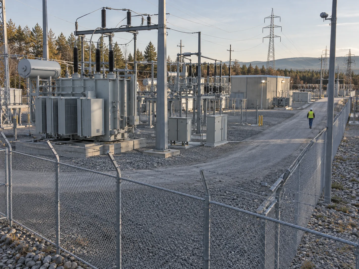 Secured electrical substation with utility equipment and an authorized worker.