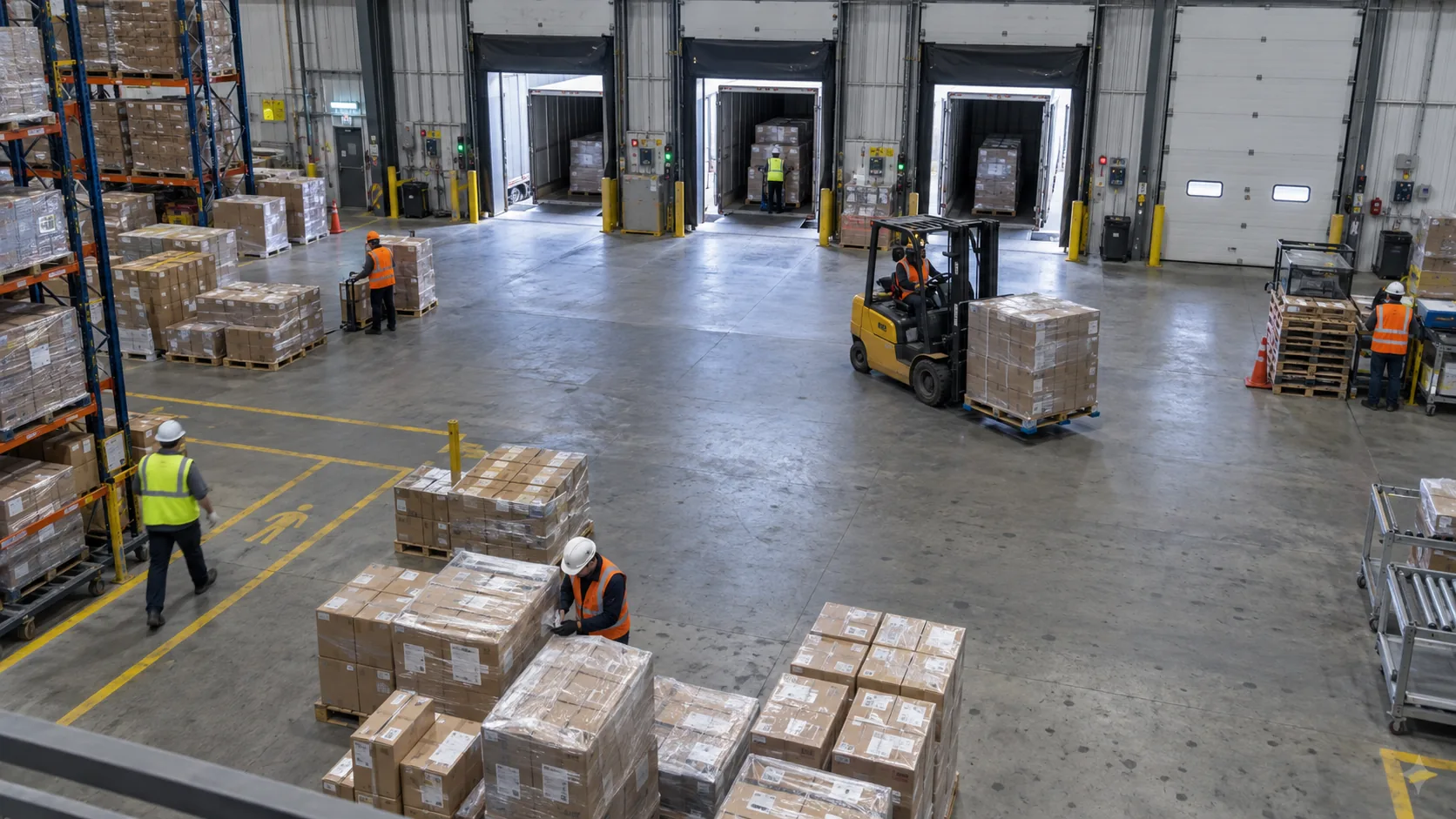 Overhead camera view of a warehouse loading dock with pallets, workers and a forklift.