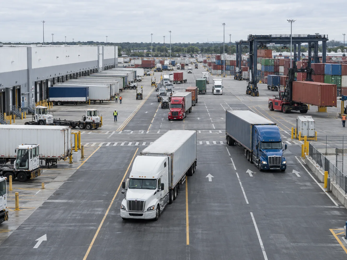 Busy logistics yard with trucks, dock lanes and container handling equipment.
