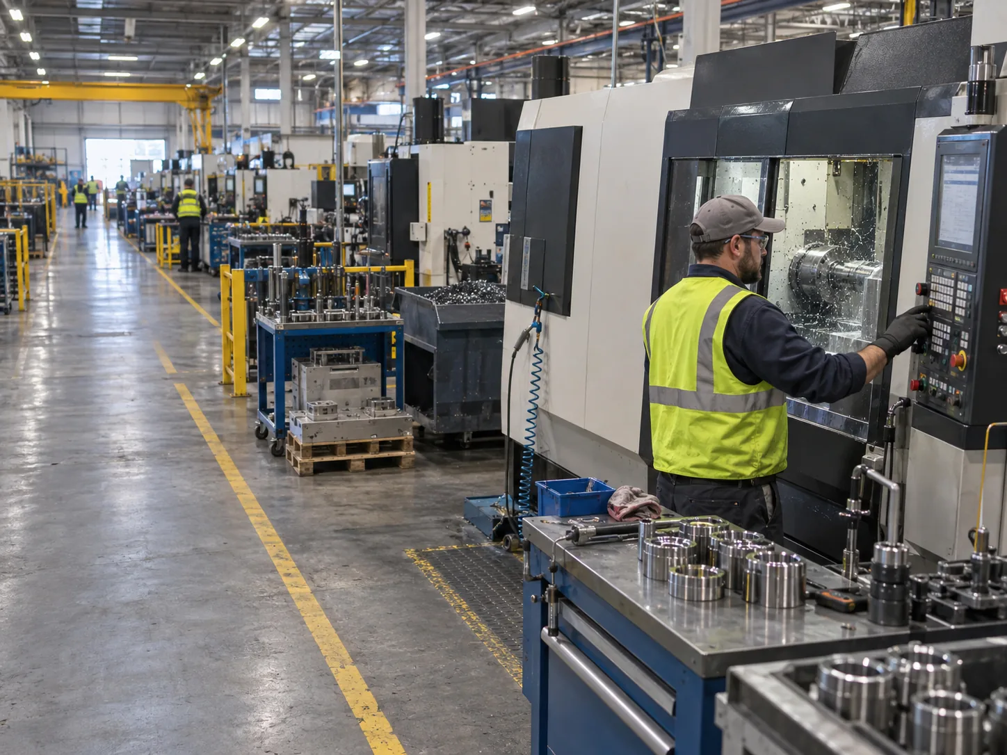 Operator working at a CNC machining cell on a manufacturing floor.