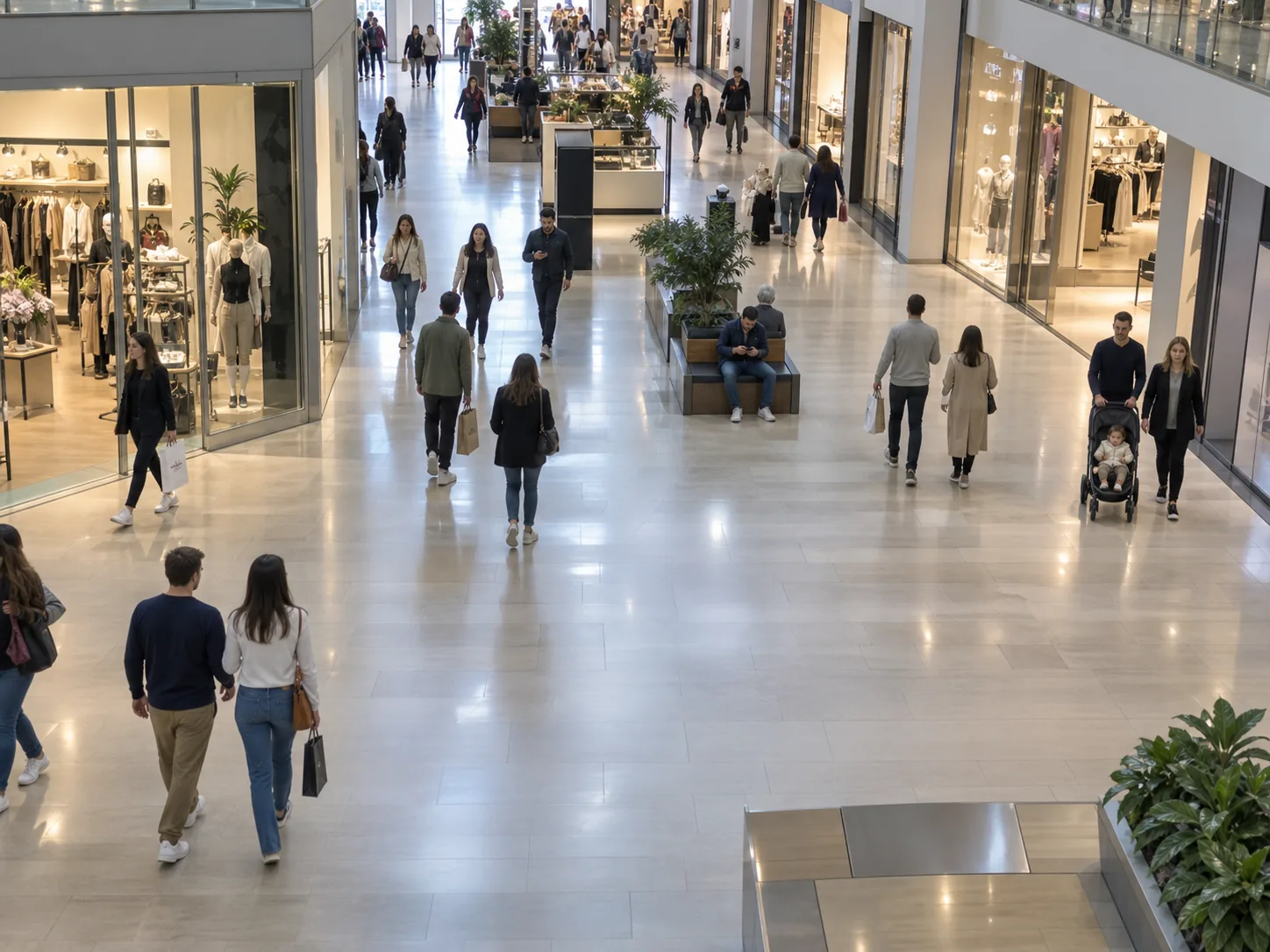 Elevated view of shoppers moving through a bright retail concourse.