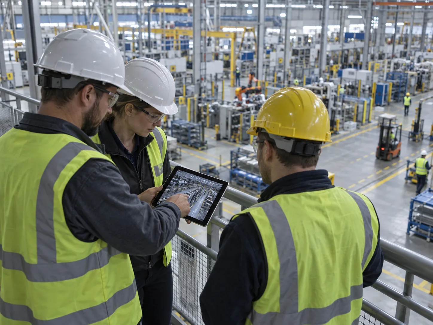 Operations and engineering colleagues reviewing a factory workflow together from a production-floor mezzanine.