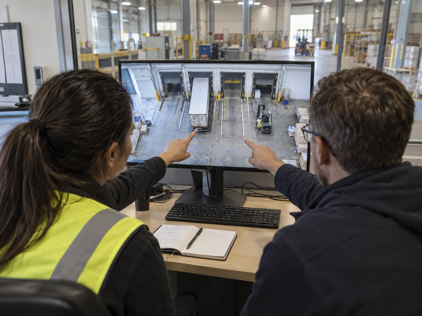 Two operations professionals reviewing loading-dock camera footage together during a practical walkthrough.
