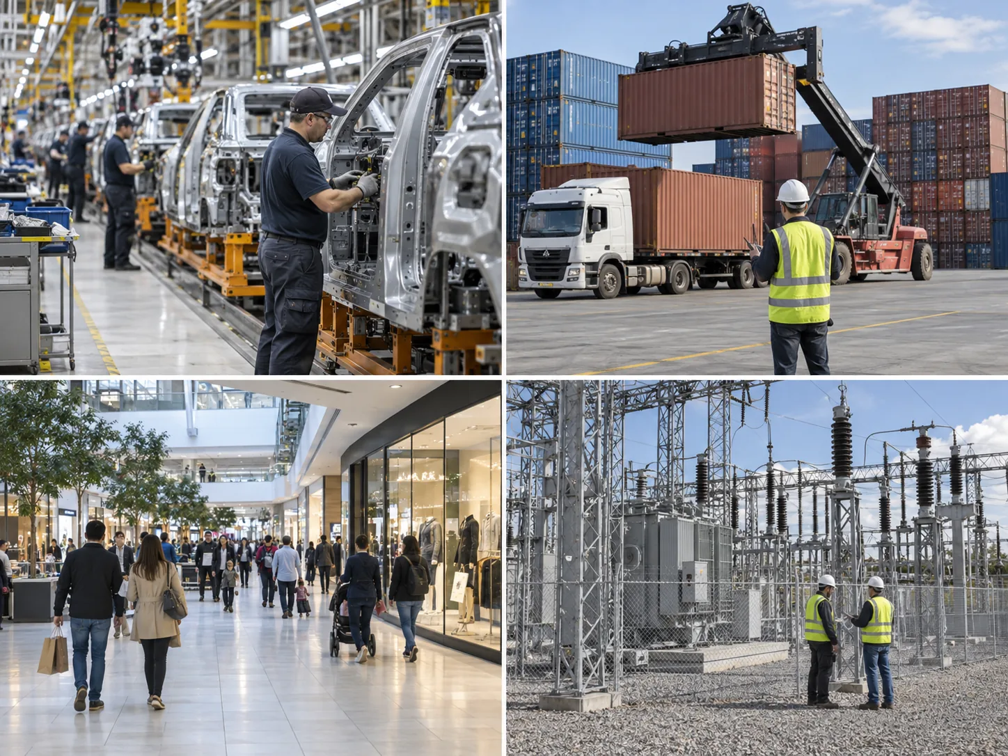 Four monitored environments: a manufacturing line, logistics yard, retail concourse and electrical substation.