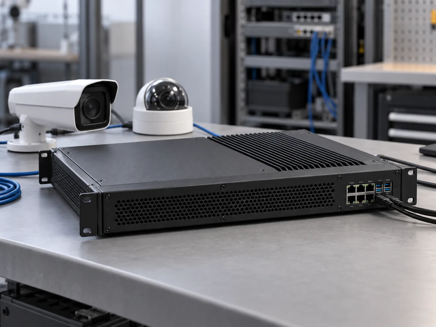 Compact edge-computing appliance with two existing IP camera styles on an industrial workbench.