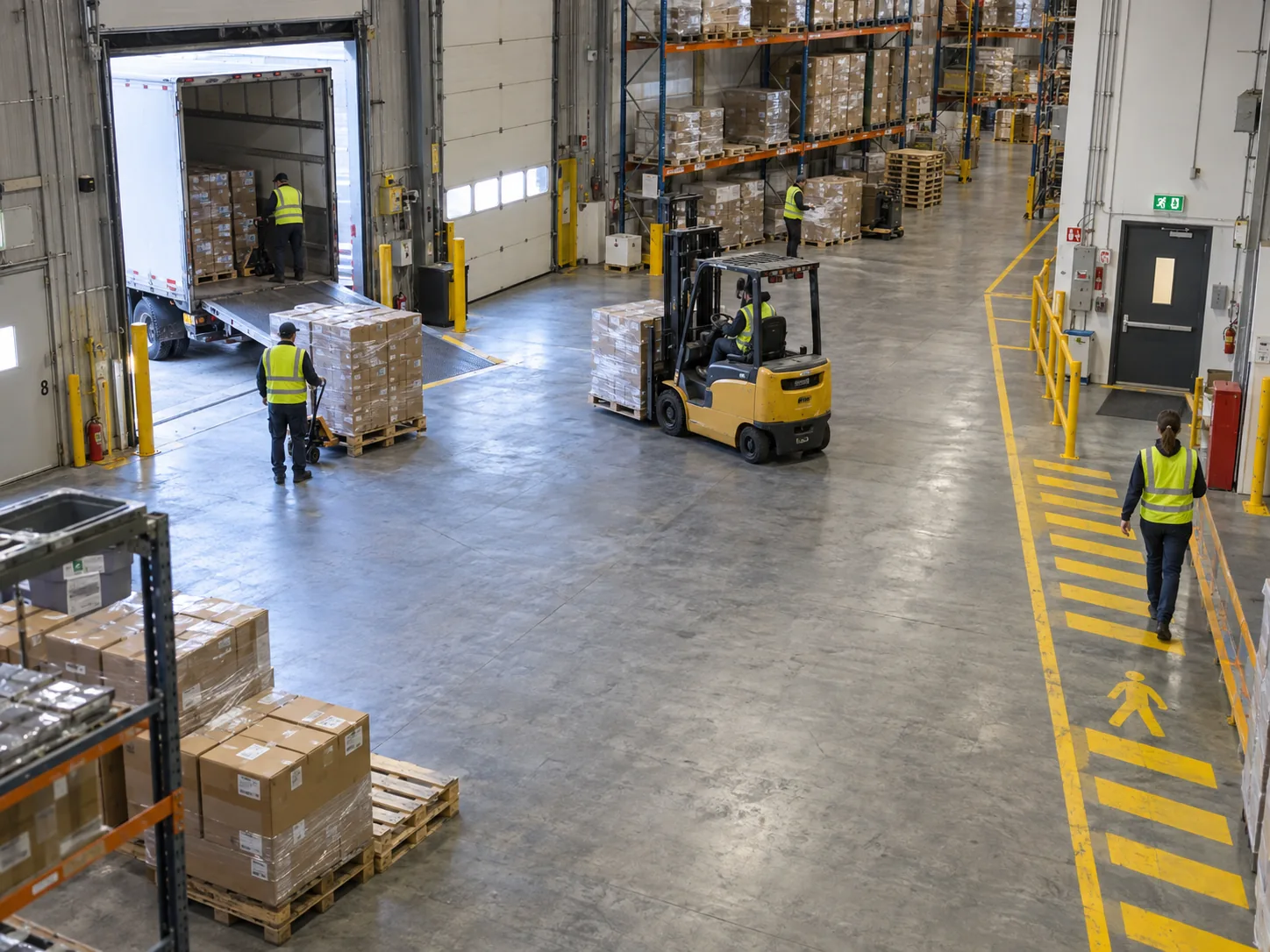 Warehouse loading area where workers, a forklift and marked pedestrian routes can be monitored as operational events.